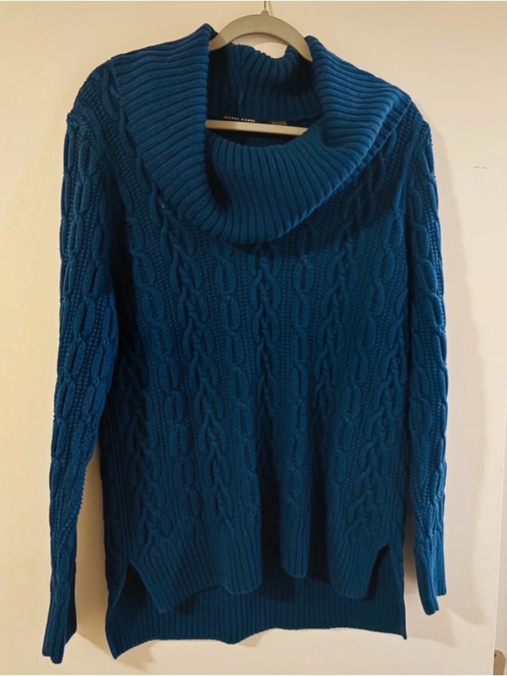JEANNE PIERRE Teal Cable Cowl Neck Sweater